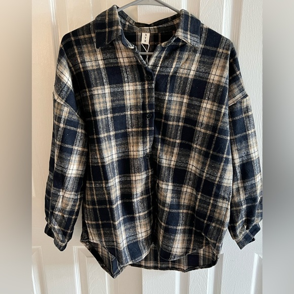 Tops - Brushed flannel plaid shirt, oversized fit, one size.